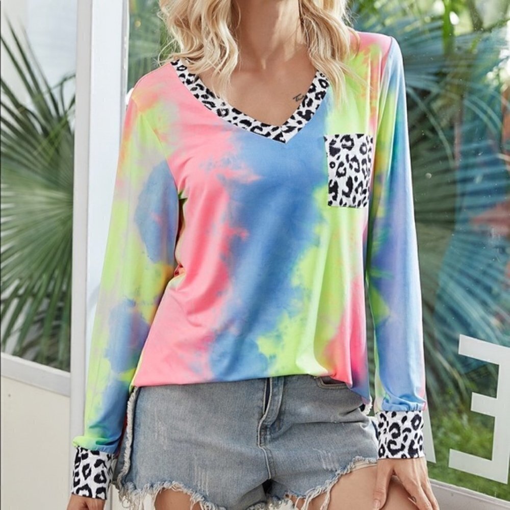 3/$30 Neon Tie Dye Leopard Print V-Neck Long Sleeve Rave Shirt